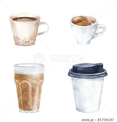 Watercolor set of coffee cups. Hand drawn illustration of caffeine drink to take away. Watercolor set of coffee cups. Hand drawn illustration of caffeine drink to take away. 85708197
