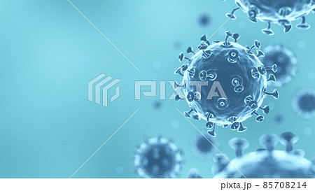 COVID-19 Corona virus with spike glycoprotein are floating on the air and copy space area at left side for fill text . Blue color background . 3D rendering . 85708214
