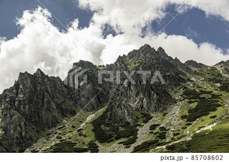 Amazing view of High Tatra Mountain Range and blue sky in Slovakia. Hiking in summer concept. Beauty of nature and wallpaper concept. 85708602