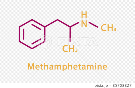 Methamphetamine chemical formula. Methamphetamine structural chemical formula isolated on transparent background. 85708827