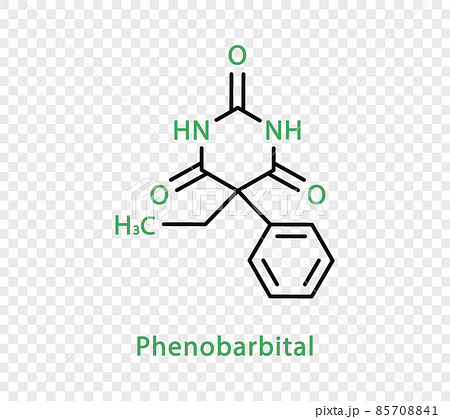 Phenobarbital chemical formula. Phenobarbital structural chemical formula isolated on transparent background. 85708841