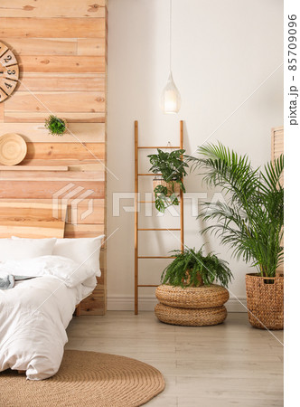 Stylish bedroom interior with green plants. Home design ideas Stylish bedroom interior with green plants. Home design ideas 85709096