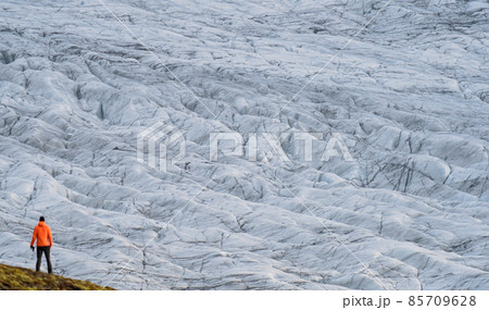 Unrecognizable tourist rear view looking to a massive glacier 85709628
