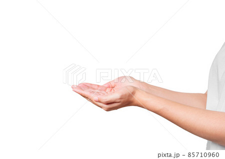 Close up girl hand showing stretching, isolated on white background. 85710960