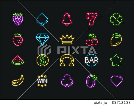 Neon casino slot icon set. Slot machine gamble neon symbol cherry fruit bar lucky casino vector Neon casino slot icon set. Slot machine gamble neon symbol cherry fruit bar lucky casino vector 85712158