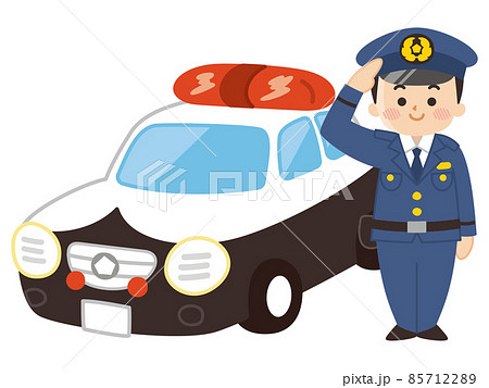 敬礼する男性警察官とパトカーのイラスト素材