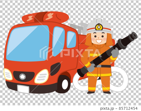 Firefighter man and ladder fire engine 85712454