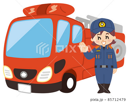 消防士の女性とはしご消防車 消防士の女性とはしご消防車 85712479