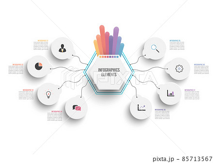 Vector infographic template with 3D paper label, integrated circles. Business concept with 8 options. For content, diagram, flowchart, steps, parts, timeline infographics, workflow. 85713567