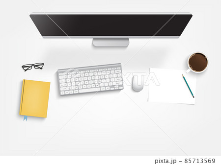 Top view of workplace background, monitor, keyboard, notebook, phone, documents, planner, coffee. Workspace, analytics, optimization, management. Vector 85713569