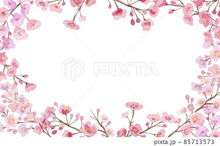 水彩画イラスト。春の桜背景。桜フレーム。枝つきの桜。 85713573