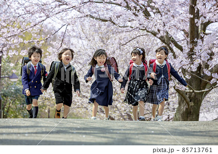 桜の咲く公園を走る新一年生 桜の咲く公園を走る新一年生 85713761