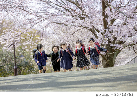 桜の咲く公園を走る新一年生 85713763