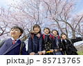 桜の咲く公園に集う新一年生 85713765