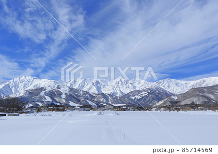 冬の白馬山麓　雪晴れの北アルプス 85714569