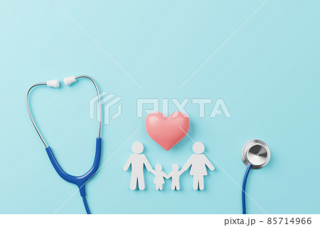 Top view of medical stethoscope and icon family with heart symbol on cyan background 85714966