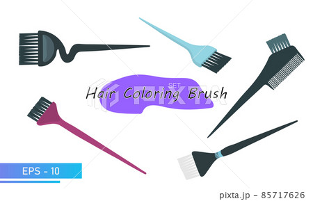 A set of brushes for coloring hair on the head. Hair color change. Tools for a beauty salon, hairdresser or stylist. In color version. Vector illustration. A set of brushes for coloring hair on the head. Hair color change. Tools for a beauty salon, hairdresser or stylist. In color version. Vector illustration. 85717626