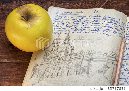 vintage travel journal on a rustic picnic table vintage travel journal on a rustic picnic table 85717831