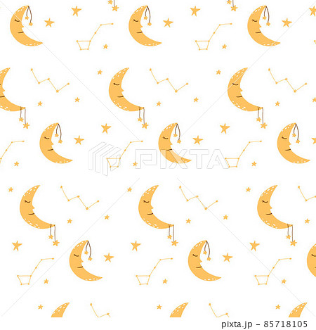 Vector seamless pattern with moon and stars. Childish pattern with constellations and the moon. Vector seamless pattern with moon and stars. Childish pattern with constellations and the moon. 85718105