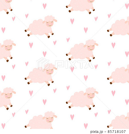Vector seamless pattern with cute sheep and hearts. Childish pattern with a sheep. 85718107