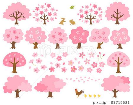 色々な桜の木と桜の花のイラストセット 85719681