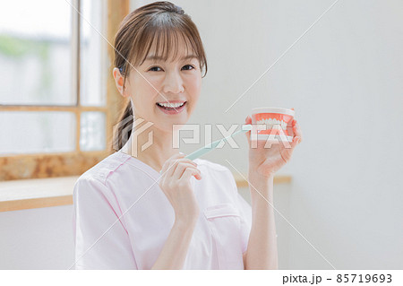 歯医者　歯の磨き方をレクチャーする歯科衛生士 85719693