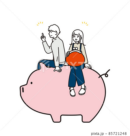 貯金箱に乗ってひらめいたカップルのイラスト素材 85721248