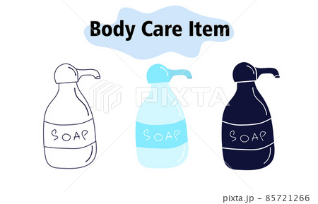 Liquid soap in a bottle with a dispenser. Cleaning hands from dirt and bacteria. Self-care. In color, solid and linear style. Vector illustration. 85721266