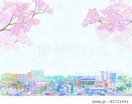 街並みと桜　水彩画風　手描き風　 85721441