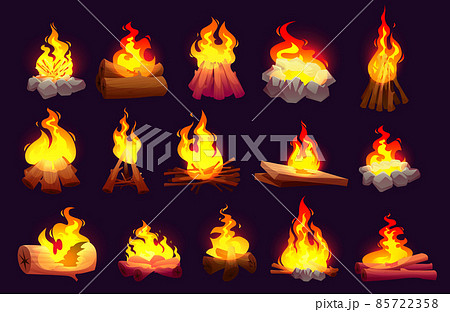 Set of burning fire flames, campfire with logs 85722358