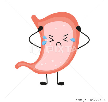 Human kawaii sad stomach character. Gastritis, indigestion and stomach pain problems. Crying sick character. Vector flat cartoon illustration on white background 85722483