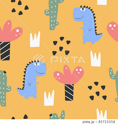 Cute dinosaur pattern - hand drawn childish dinosaur seamless pattern design 85723358