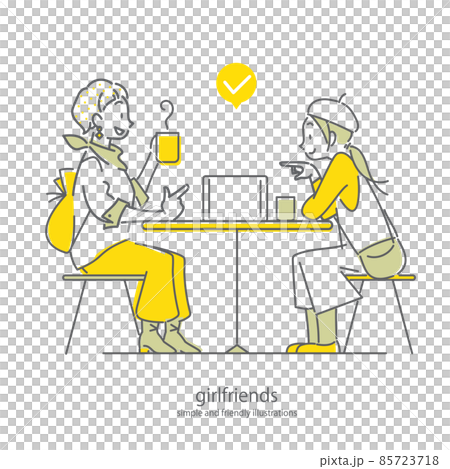 A simple and stylish line drawing illustration of a woman pointing at the screen of a mobile tablet at a cafe A simple and stylish line drawing illustration of a woman pointing at the screen of a mobile tablet at a cafe 85723718