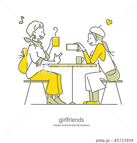 カフェでスマホを見る女性ふたり　シンプルでお洒落な線画イラスト 85723956