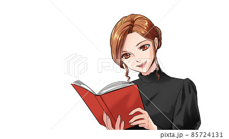 赤い本を読む女性 黒いセーターのイラスト素材