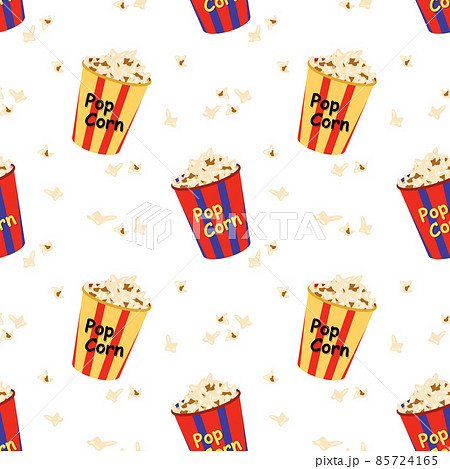 Bright seamless pattern with a festive box with popcorn. Print for cinema, theatre, film industry and holidays. 85724165