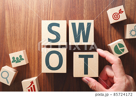 SWOTサイクルで考えるイメージ。アルファベットがプリントされた積み木を並べて「SWOT」という語を 85724172
