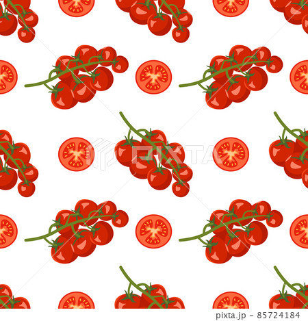 Seamless pattern with tomatoes on a branch and slices. Healthy vegan food print. Red vegetable on white background for textiles, wrapping paper and design 85724184