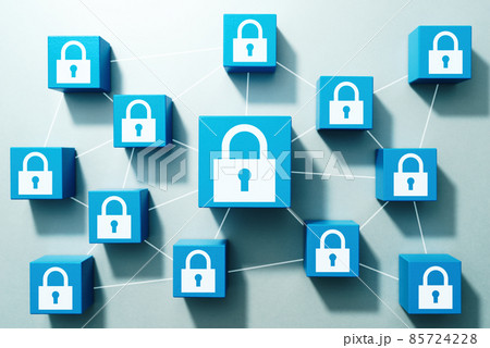ネットワークセキュリティのイメージ。南京錠のアイコンが描かれた多数のブロックの俯瞰。 85724228