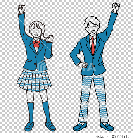 拳を突き上げて喜ぶ女子学生と男子学生のシンプルイラストセット 85724512