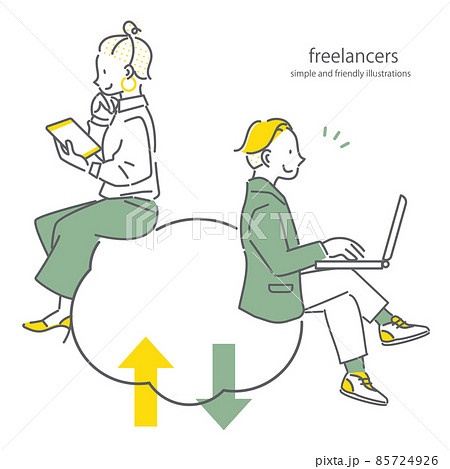 クラウドを使用して快適に働く女性と男性 シンプルでお洒落な線画イラストのイラスト素材
