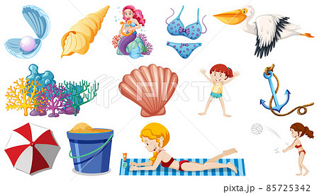 Set of summer beach objects and cartoon characters Set of summer beach objects and cartoon characters 85725342