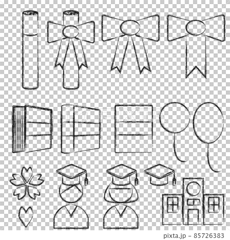 入学 卒業がモチーフのアイコンイラストセット 白黒 線画 アナログ風のイラスト素材