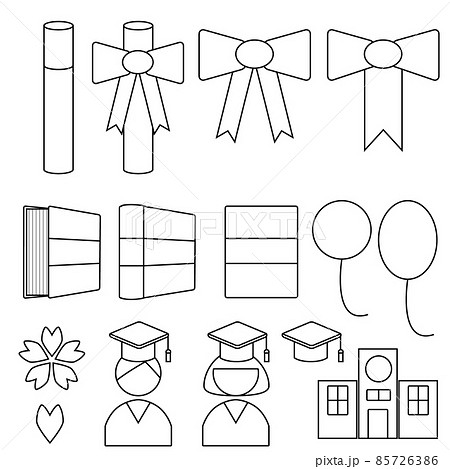 入学 卒業がモチーフのアイコンイラストセット 白黒 線画のイラスト素材