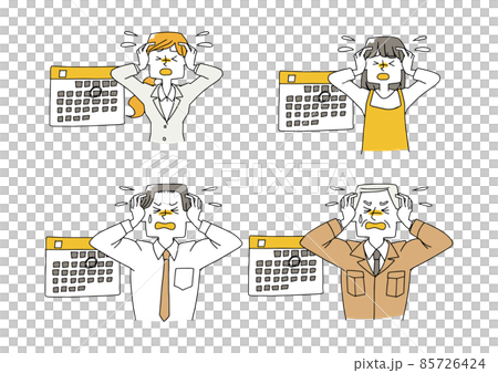 スケジュールに追われる人々　強いストレス状態　白地にベクター　温かみのある手描きの人物イラスト 85726424