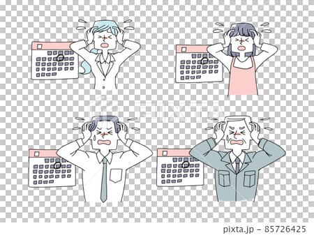 スケジュールに追われる人々　強いストレス状態　白地にベクター　温かみのある手描きの人物イラスト 85726425