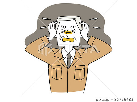 パニックになり頭を抱える工務店の男性　強いストレス状態　白地にベクター　温かみのある手描きの人物 85726433