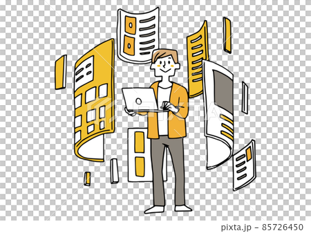 ソフトウエア開発やWEBプログラミングに携わる男性　温かみのある手描きの人物イラスト 85726450