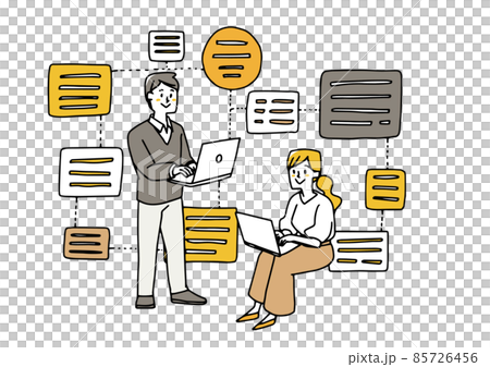 A warm hand-drawn illustration of a male and female team involved in software development and web programming 85726456