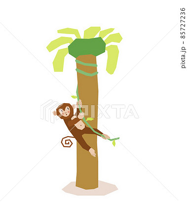 A frightened monkey hangs on a liana, climbing a palm tree. A cute little monkey in a tree. Naive style. Vector illustration in flat style. 85727236